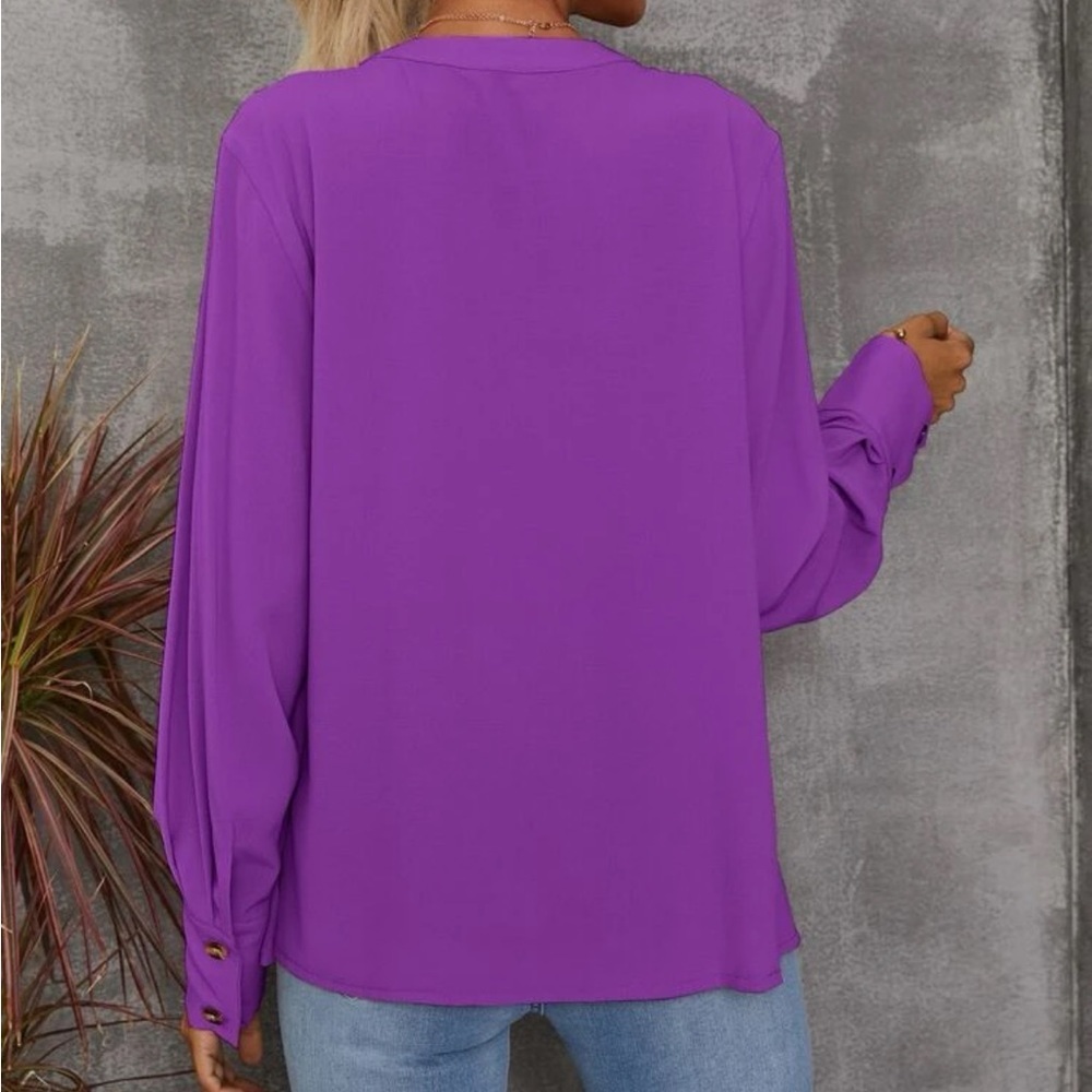 New notched v neck purple long sleeve blouse - Picture 6 of 6